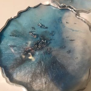 Set of 2 resin coasters. Blue and silver.